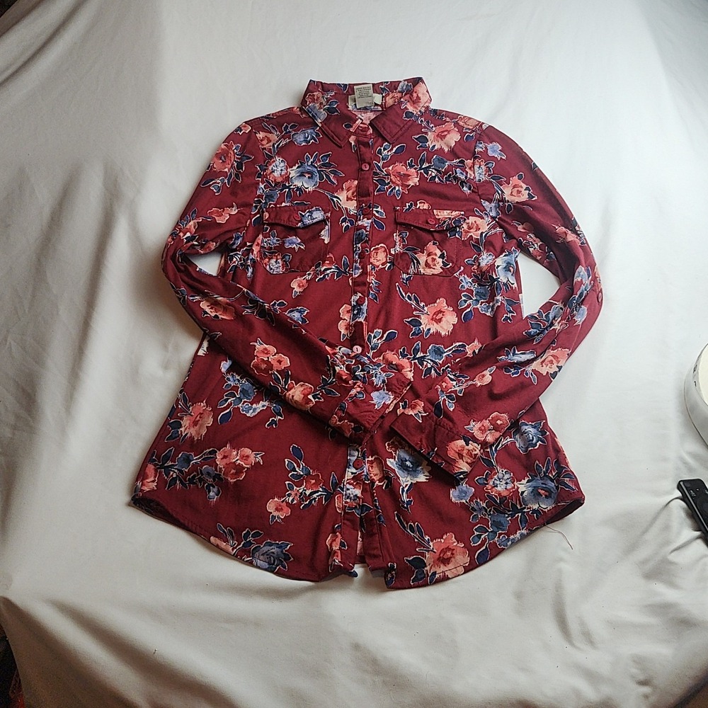 Passport Floral Button-Down Shirt Burgundy Long Sleeve Women's Size Medium